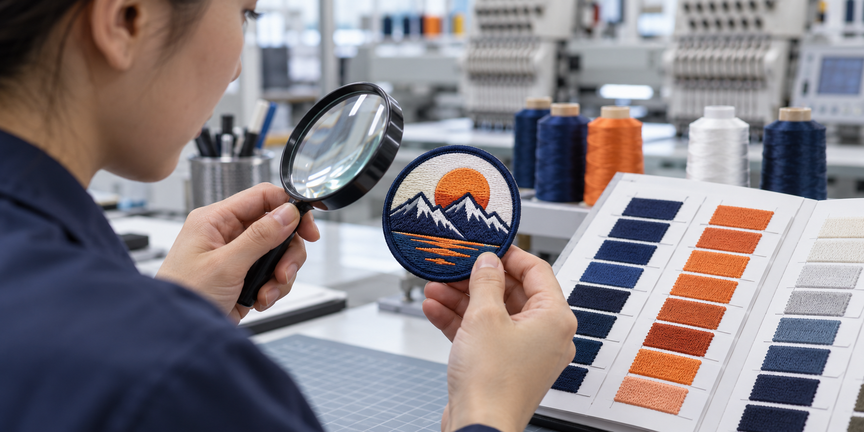 A person closely inspecting a single sample patch, comparing it to a color swatch chart