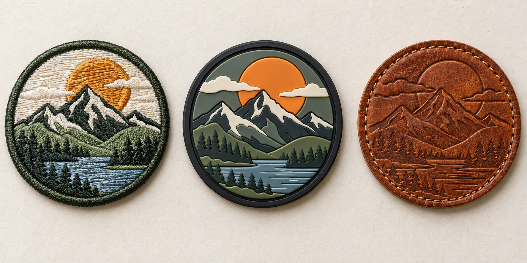 A side-by-side comparison of embroidered, PVC, and leather patches showing their different textures