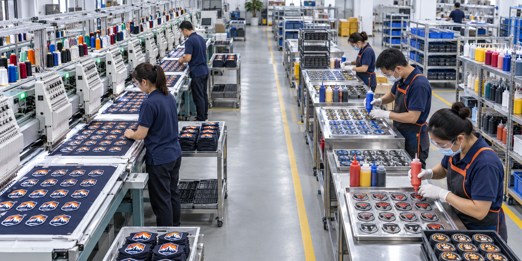 An overhead shot of a factory floor with embroidery machines running on one side and workers filling PVC molds on the other