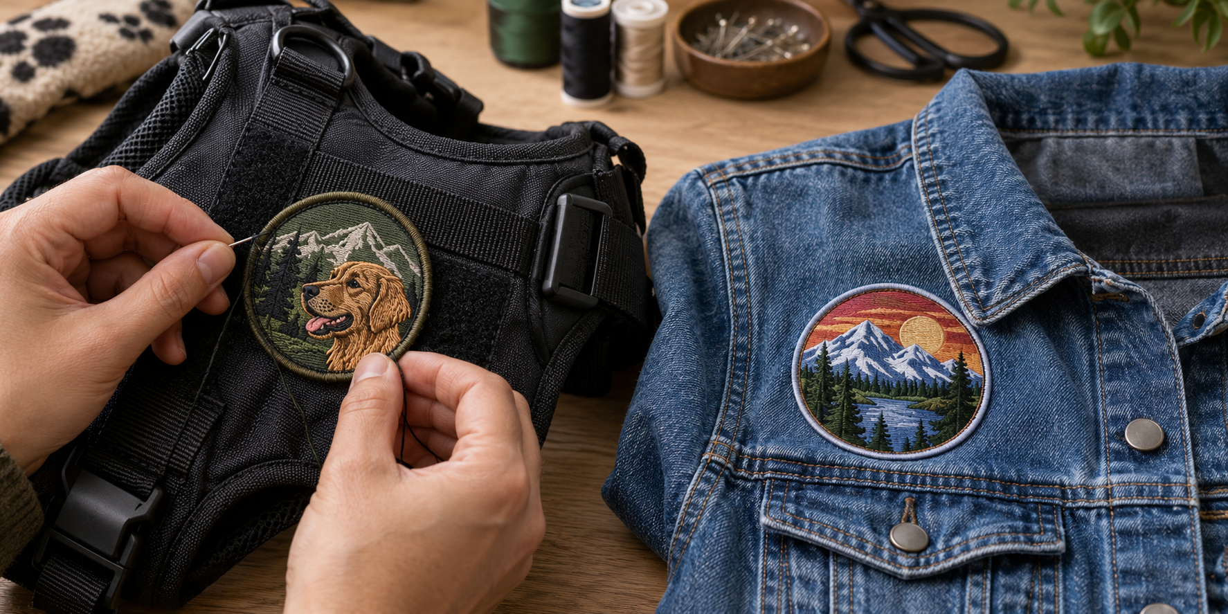 A sew-on patch being stitched onto a nylon dog vest next to an iron-on patch on a denim jacket