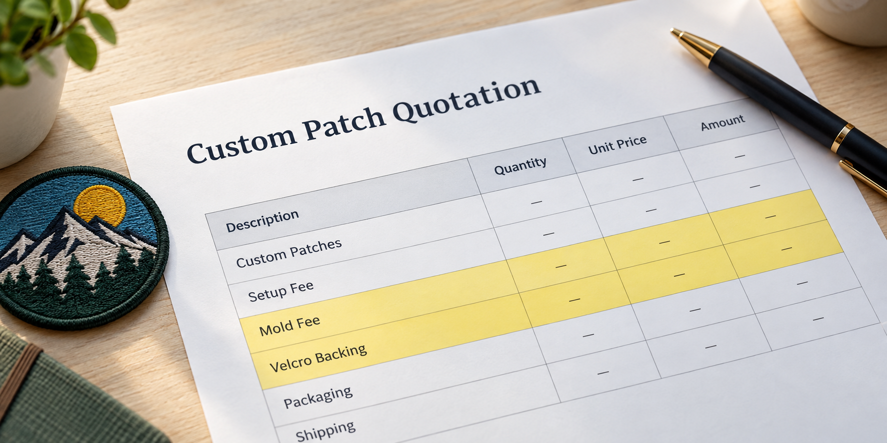 An invoice with several line items highlighted, such as "Mold Fee" and "Velcro Backing"
