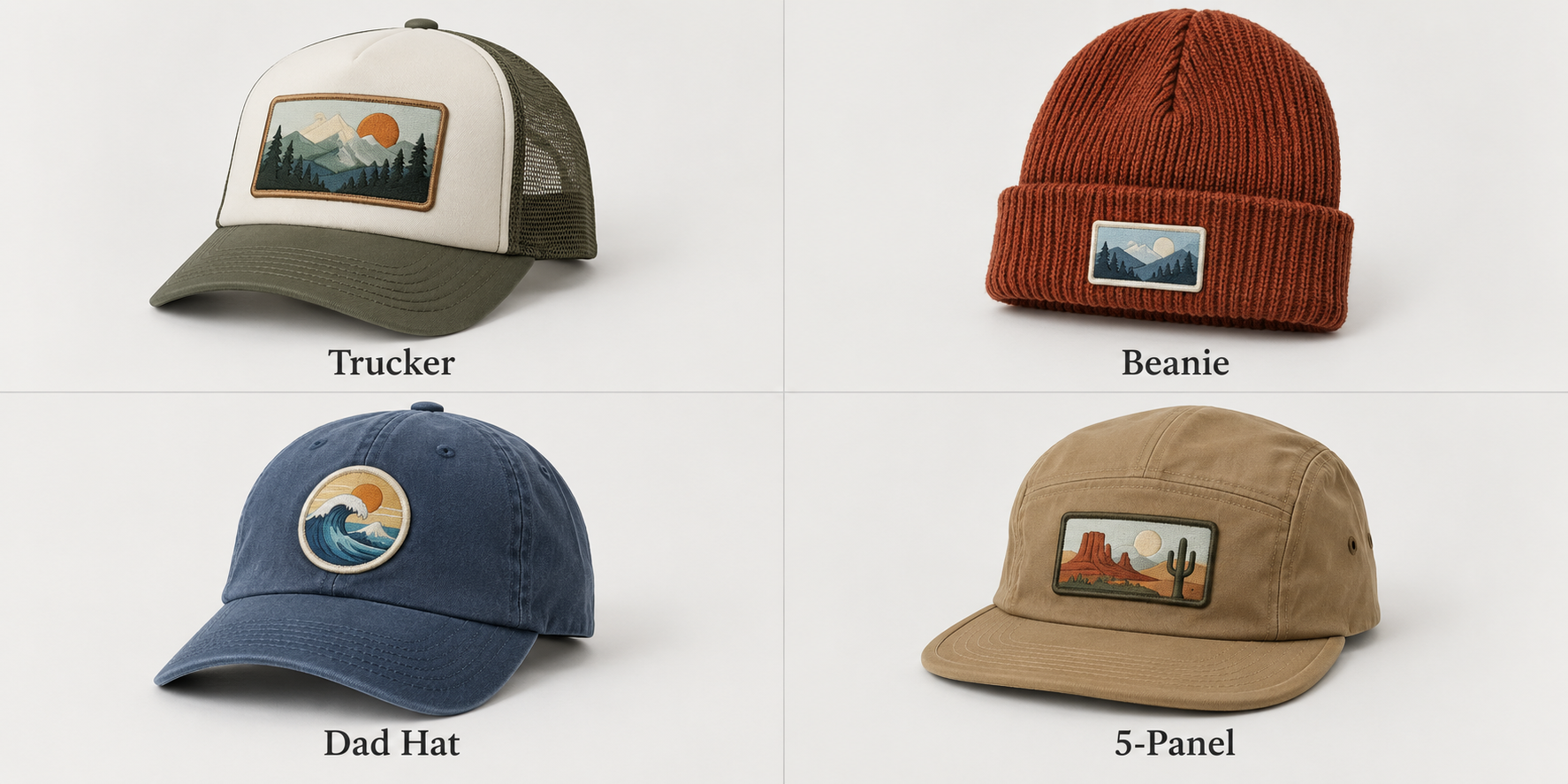 A grid showing four hat styles—Trucker, Beanie, Dad Hat, 5-Panel—each with an appropriately sized patch