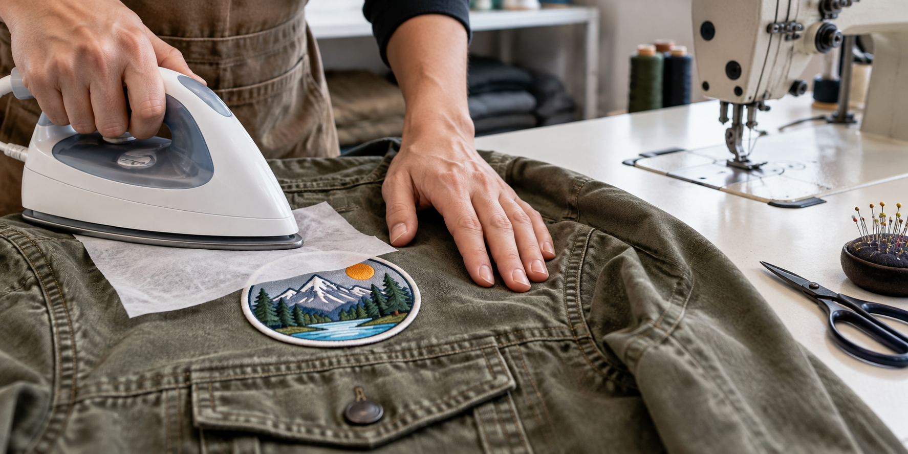 A patch being lightly ironed onto a jacket before being taken to a sewing machine