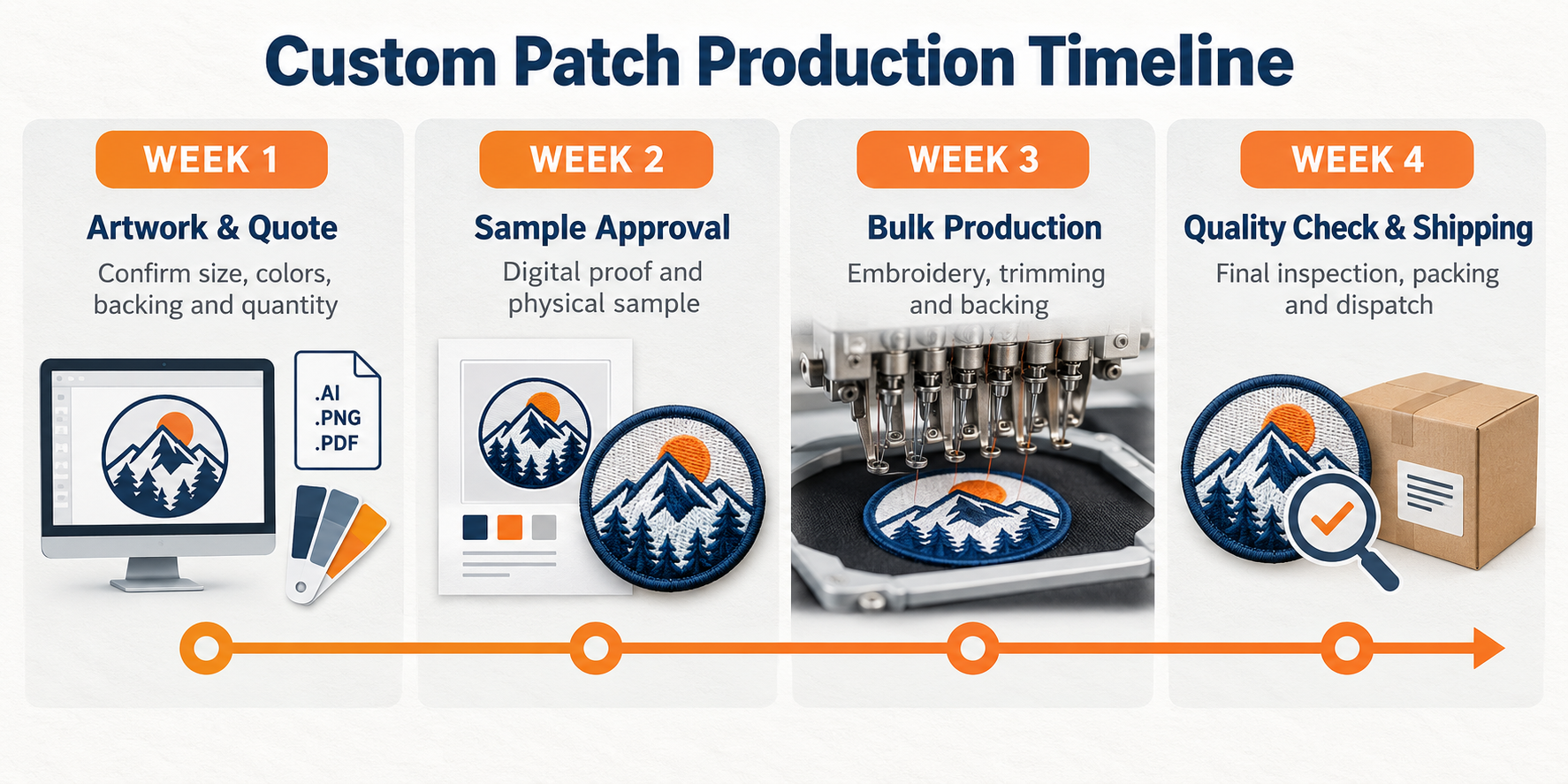 A calendar with the stages of patch production highlighted over a four-week period