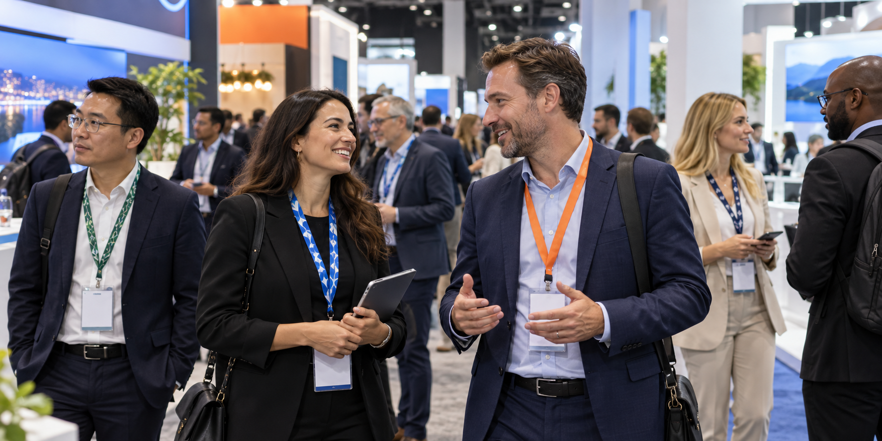 A busy trade show floor with many attendees wearing different branded lanyards.