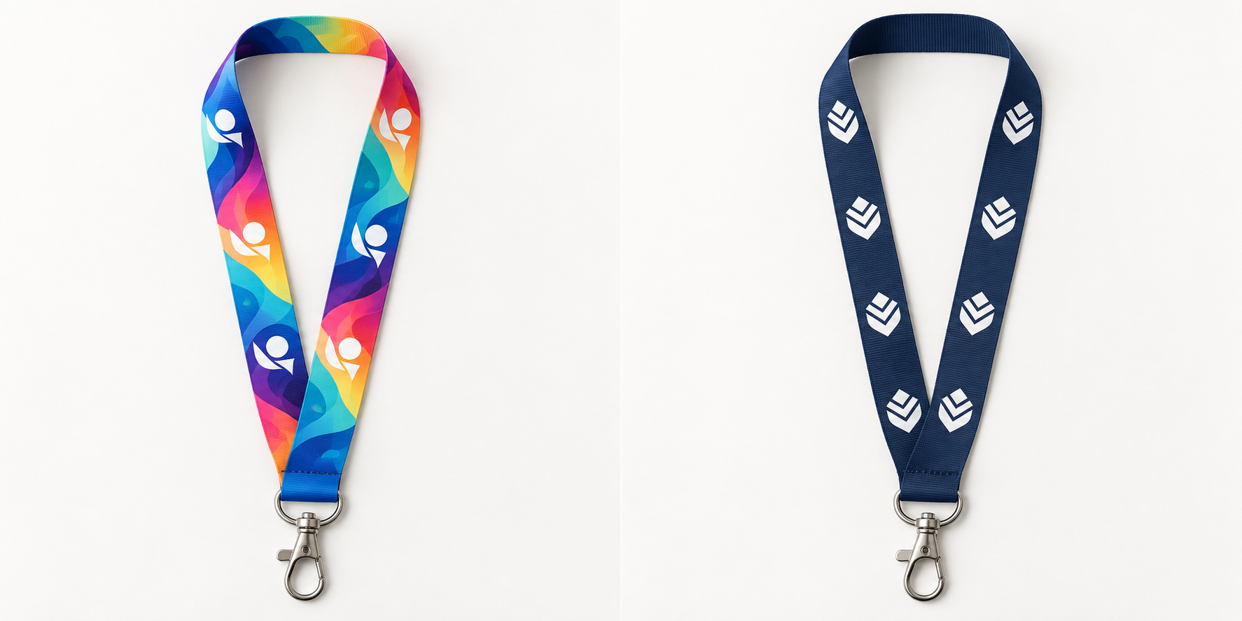 A side-by-side comparison of a full-color sublimated lanyard next to a simple one-color screen printed lanyard