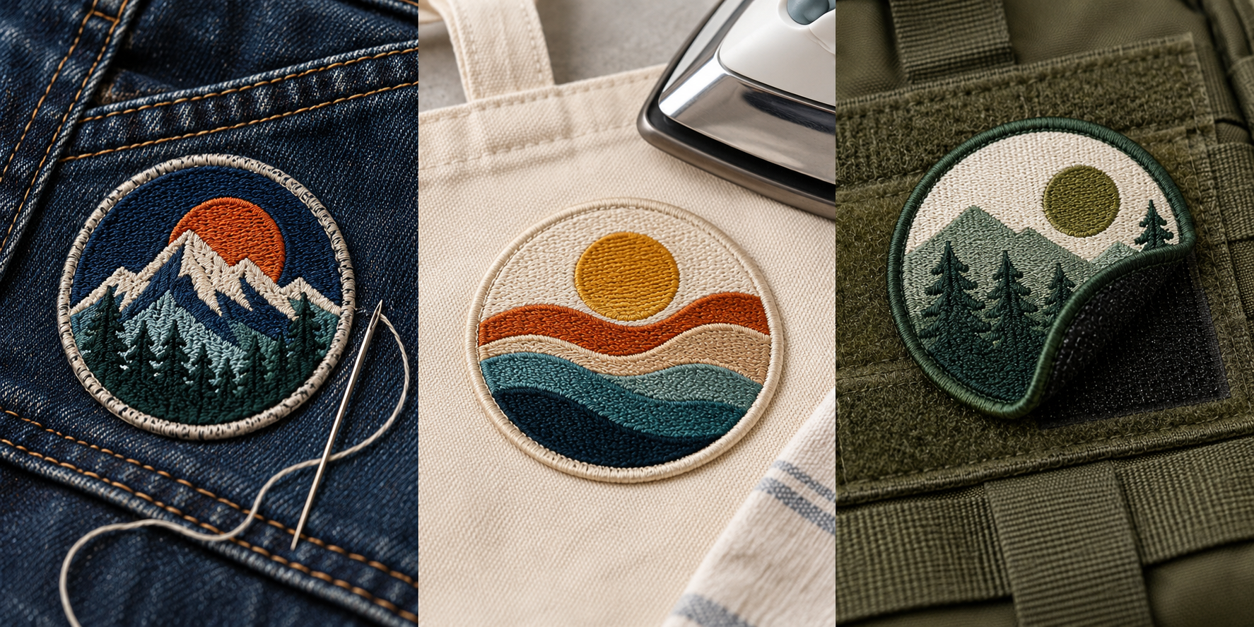 A display showing a sewn-on patch, an iron-on patch, and a Velcro patch on different fabrics.