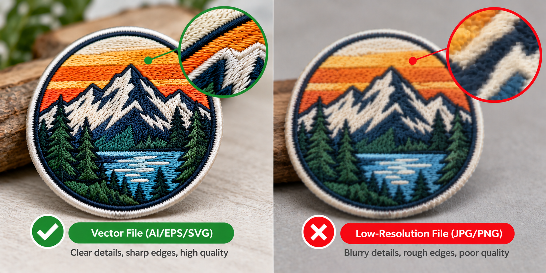 A side-by-side comparison of two patches: one crisp and clear from a vector file, the other soft and muddy from a low-res file