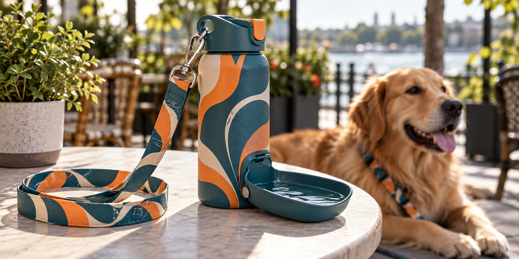 A custom dog water bottle with a perfectly matching branded lanyard as its carrying strap.
