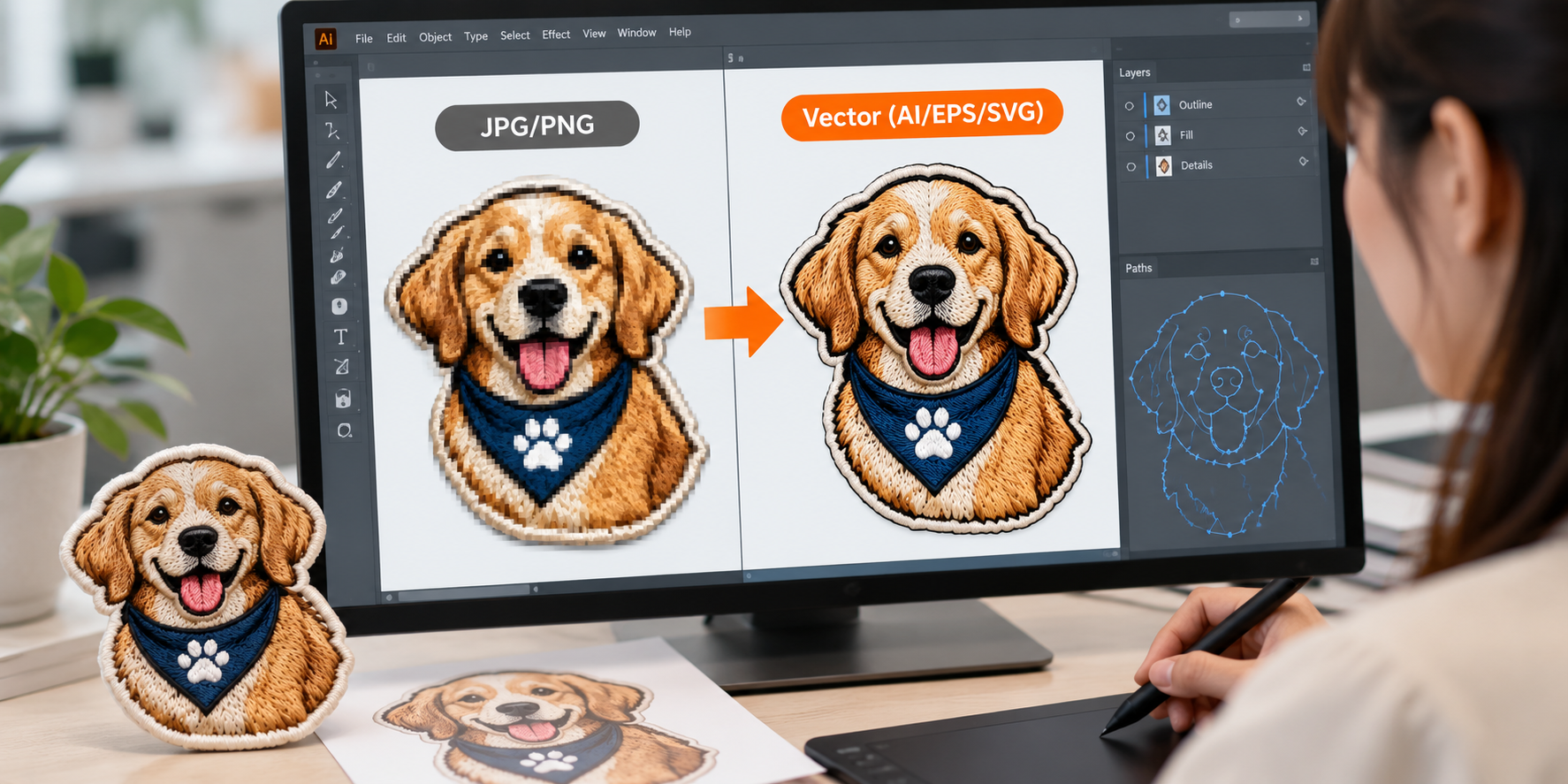 A designer shown on a computer screen tracing a JPG logo to create a clean vector version