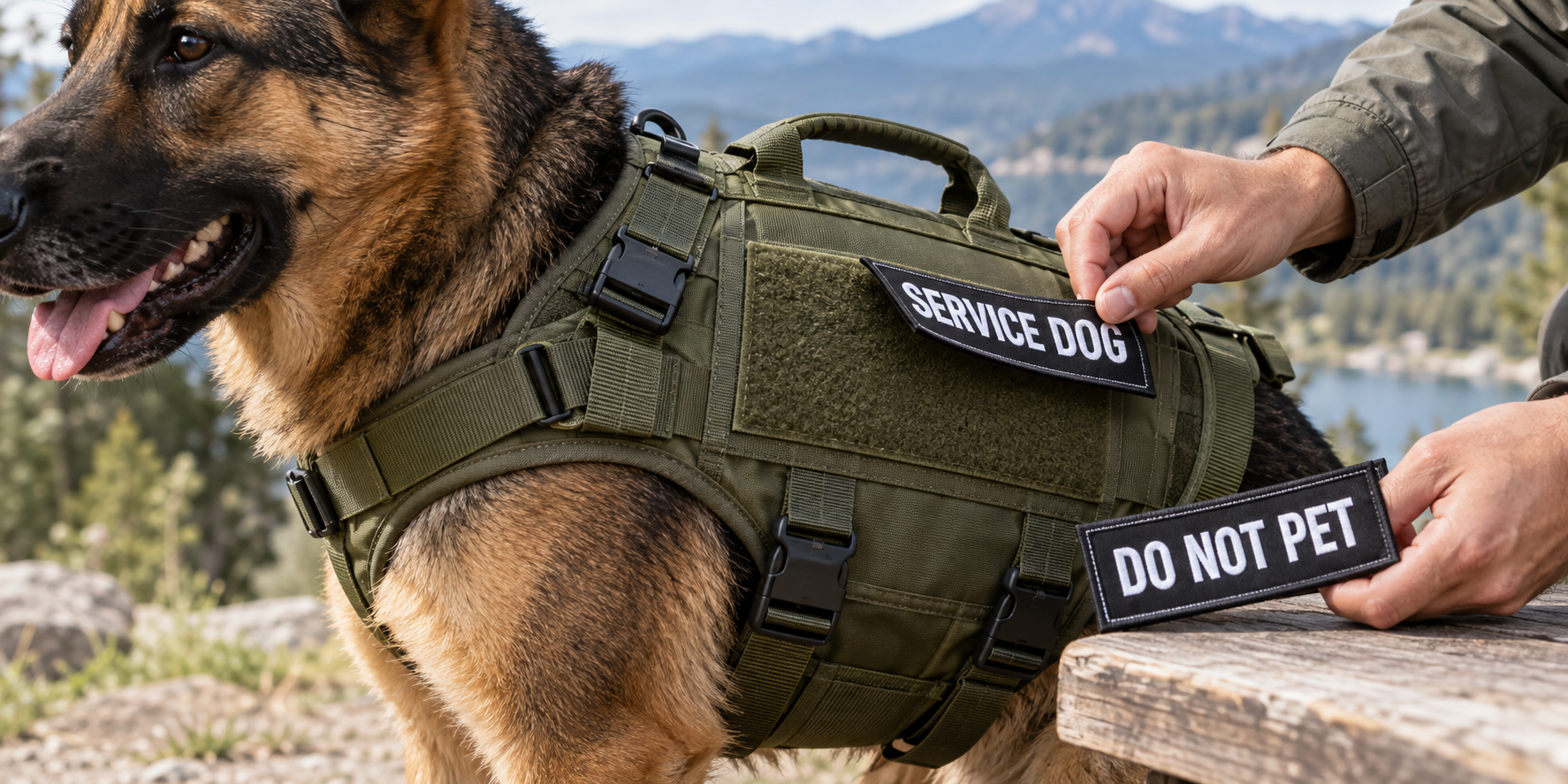 A dog vest with a large loop panel, showing a user swapping out different "Service Dog" and "Do Not Pet" patches.
