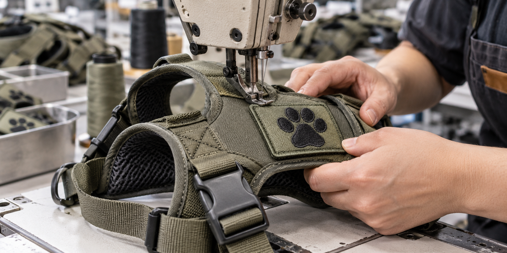 A close-up shot of a sewing machine stitching a patch onto a heavy-duty dog harness
