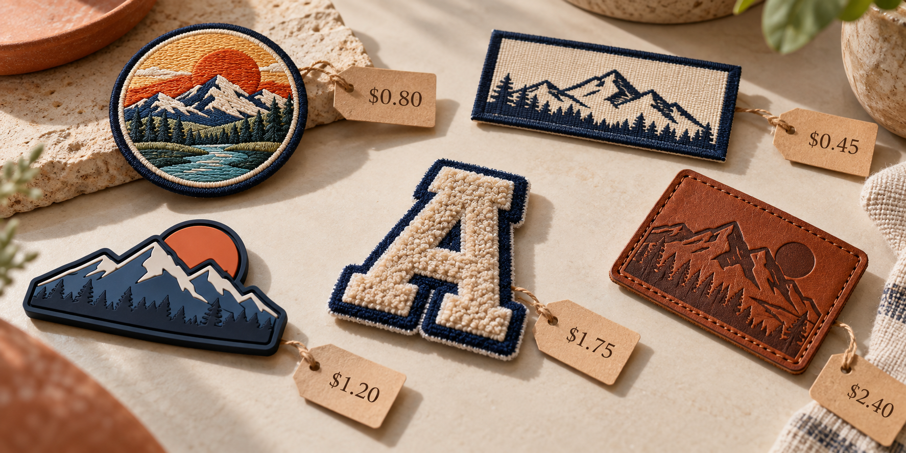 A variety of custom patches with price tags attached to illustrate cost differences