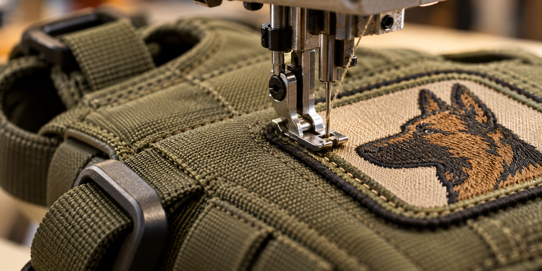 A close-up shot of a sewing machine needle stitching the border of a patch onto a rugged canvas dog vest.
