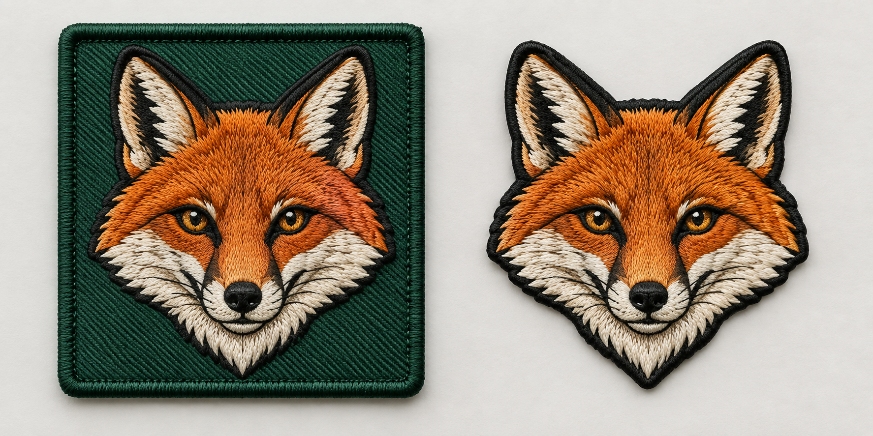 A comparison showing a logo on a square patch versus the same logo as a custom die-cut patch