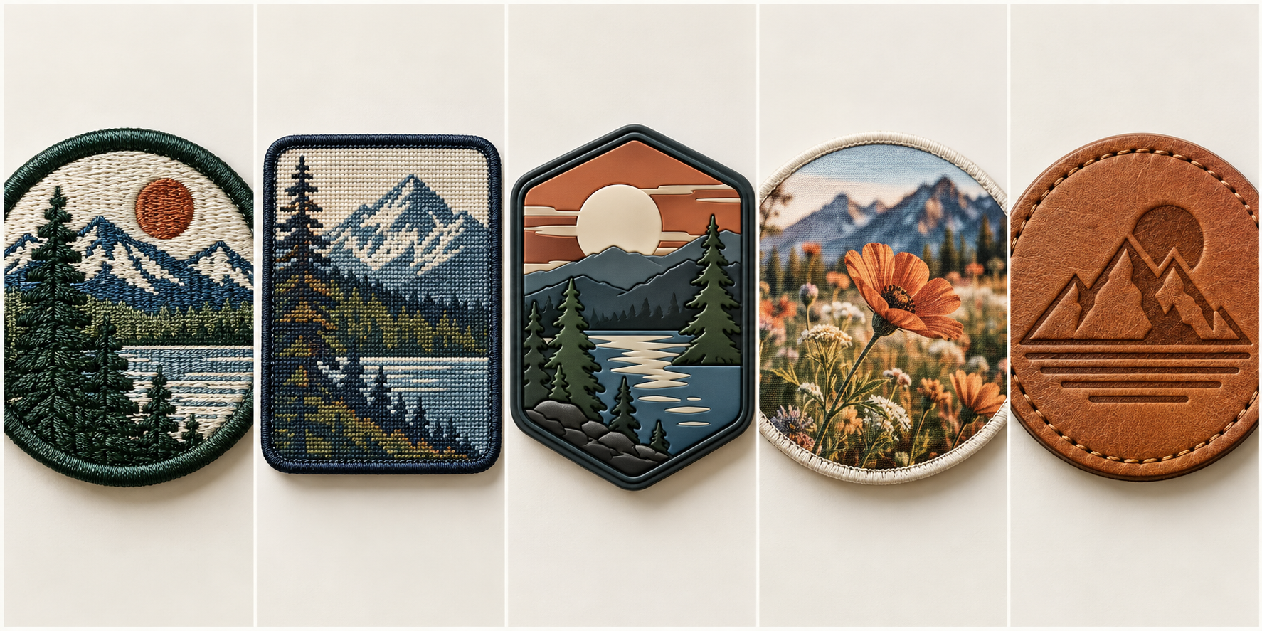 A collage showing five types of patches: embroidered, woven, PVC, printed, and leather.