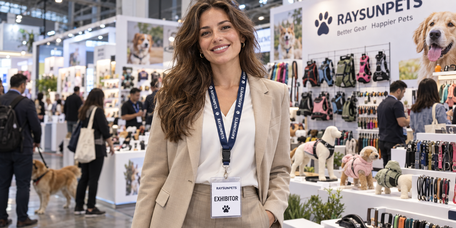 A professional at a pet industry conference wearing a branded lanyard around their neck with a badge clearly visible.