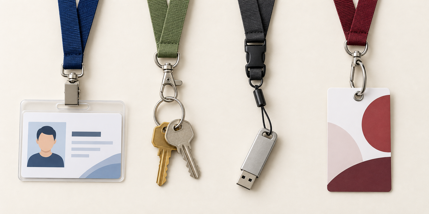 Four different lanyards, each with an attachment suited to a specific purpose: an ID, keys, a USB, and an event pass