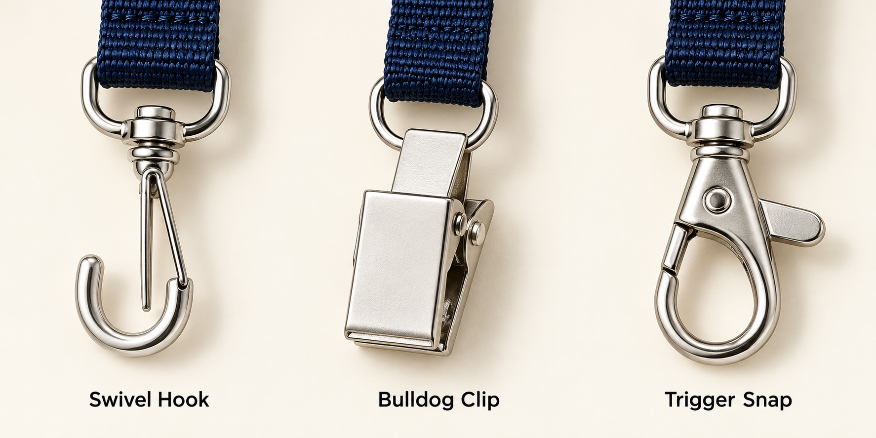 Close-up comparison of a swivel hook, a bulldog clip, and a trigger snap attachment