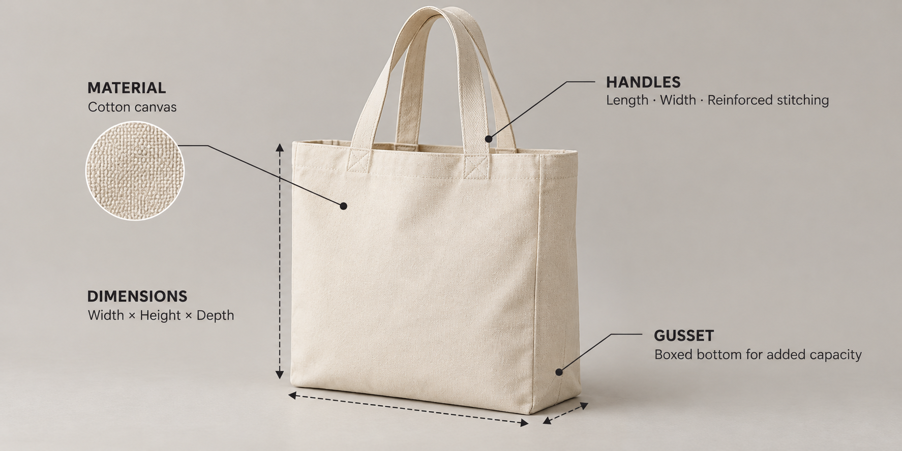 A tote bag with call-out labels pointing to the material, dimensions, handle, and gusset