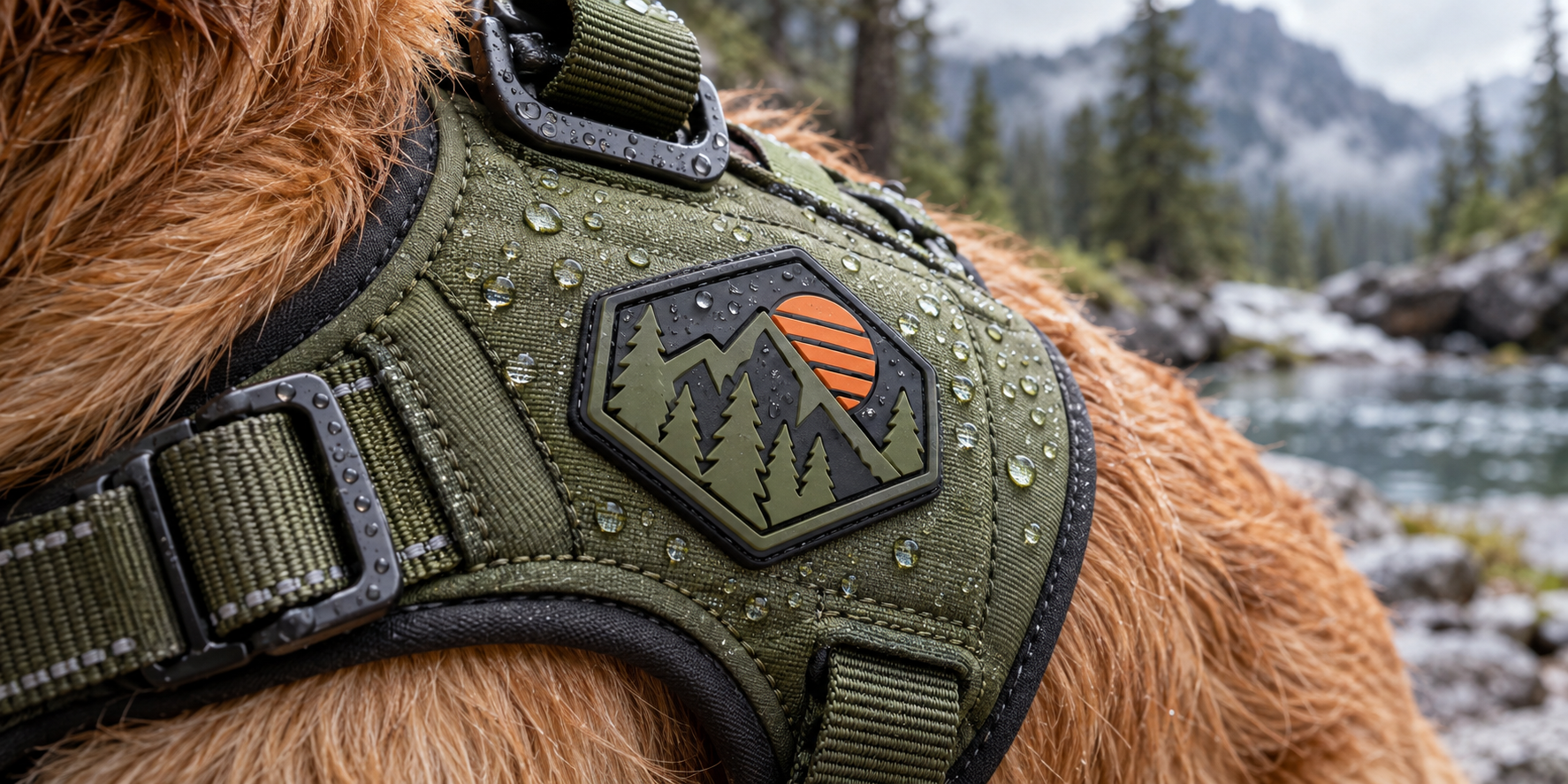 A rugged PVC patch on an all-weather dog adventure harness, covered in mock water droplets.