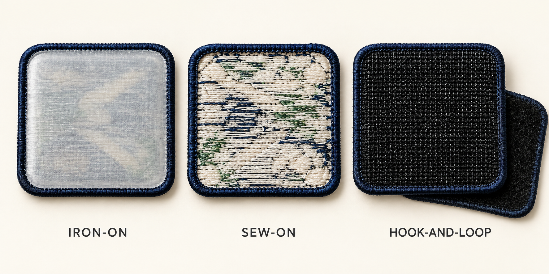 A close-up of the back of three patches showing iron-on, sew-on, and Velcro backings