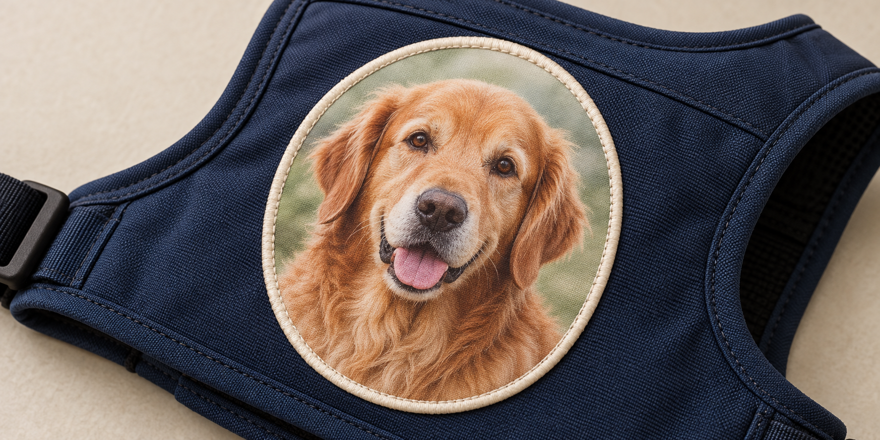 A printed patch showing a realistic portrait of a dog on a pet memorial vest.