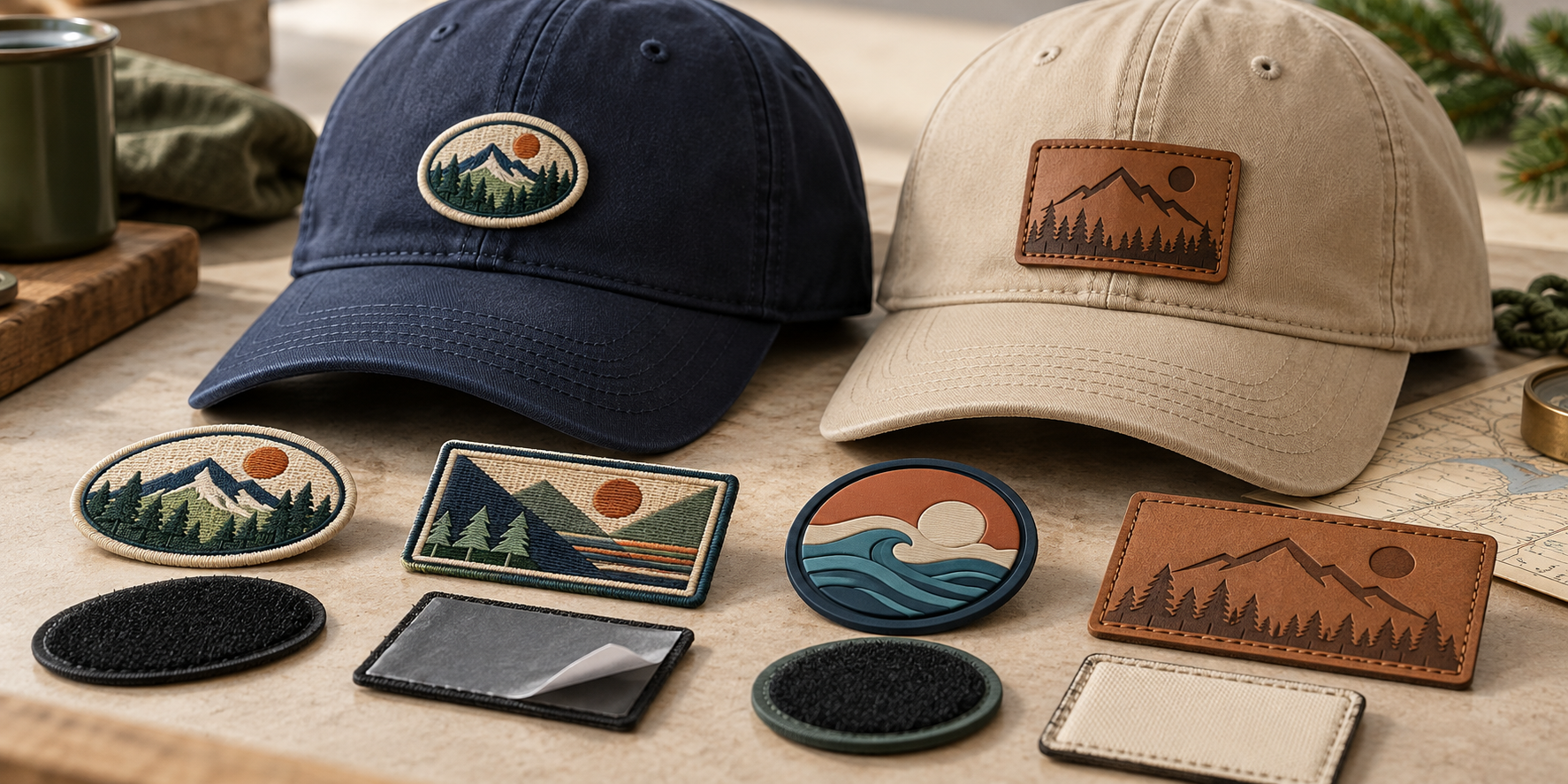 A collection of various custom patches for hats in different materials and sizes