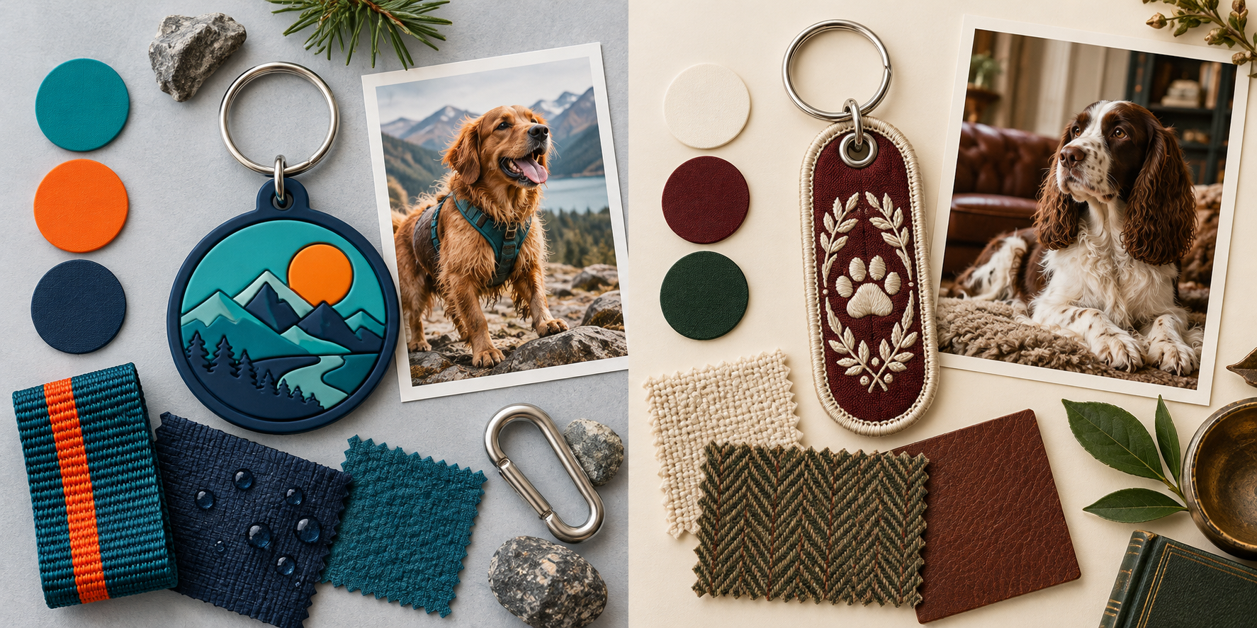 Two brand mood boards, one for a modern/durable pet brand and one for a classic/premium pet brand