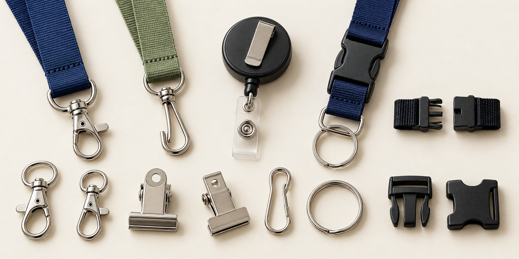 A variety of lanyard hooks, clips, and attachments laid out on a table