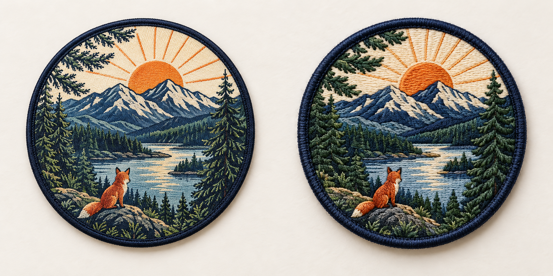 A side-by-side comparison of a detailed logo on a woven patch versus an embroidered patch.