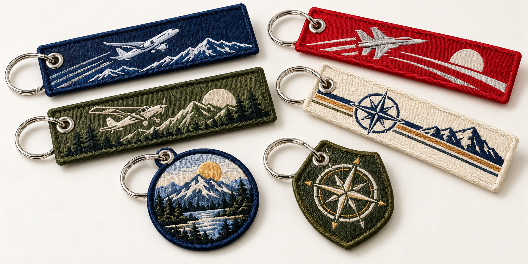 An assortment of high-quality embroidered keychains or jet tags