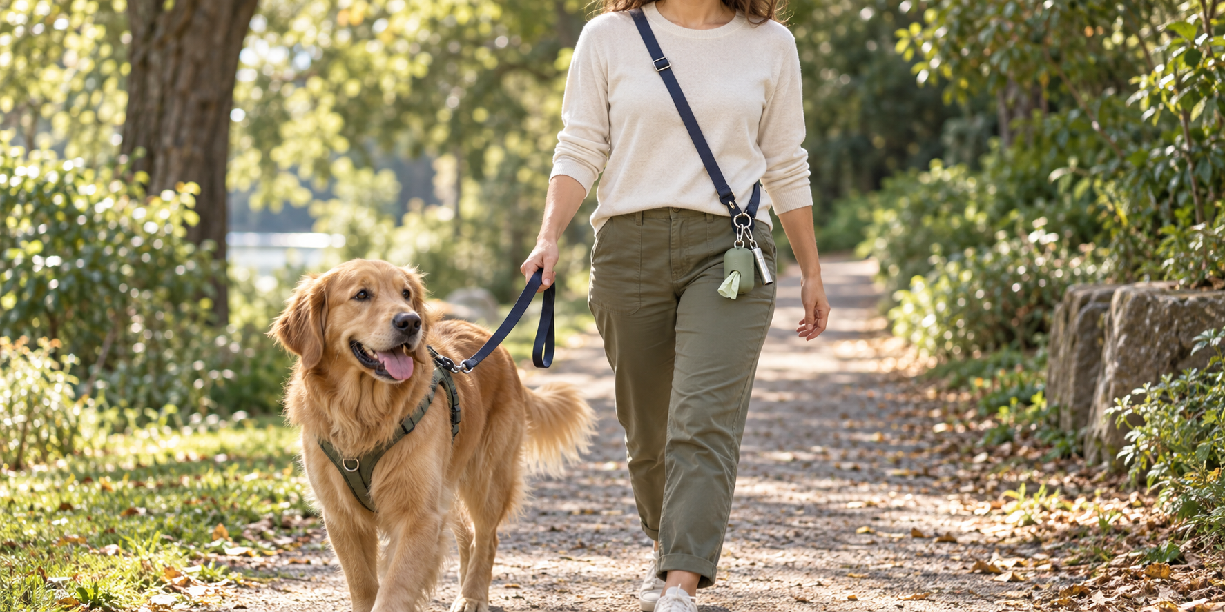 A person walking a dog, wearing a cross-body lanyard that holds a training whistle and a poop bag dispenser securely at their side.