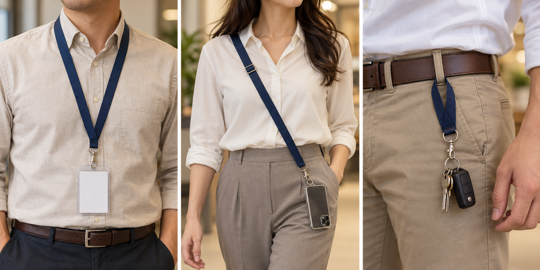 A collage showing three different ways to wear a lanyard: around the neck, cross-body, and looped onto a belt.
