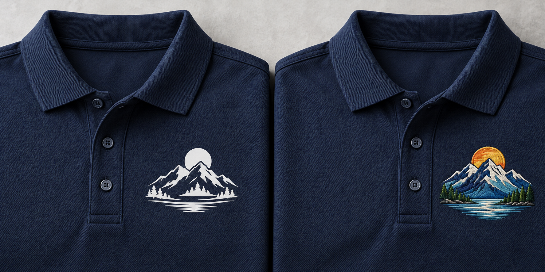 An image comparing a simple one-color screen print versus a complex multi-color embroidery on a polo shirt