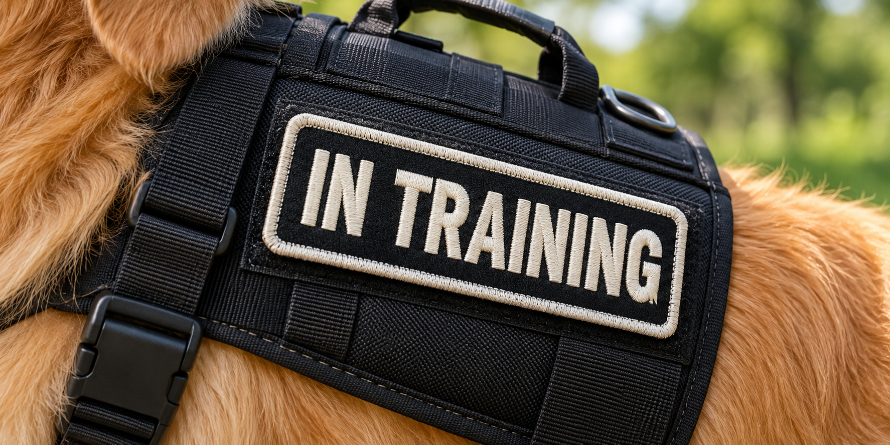 A close-up of a classic embroidered patch that says "IN TRAINING" on a dog vest.