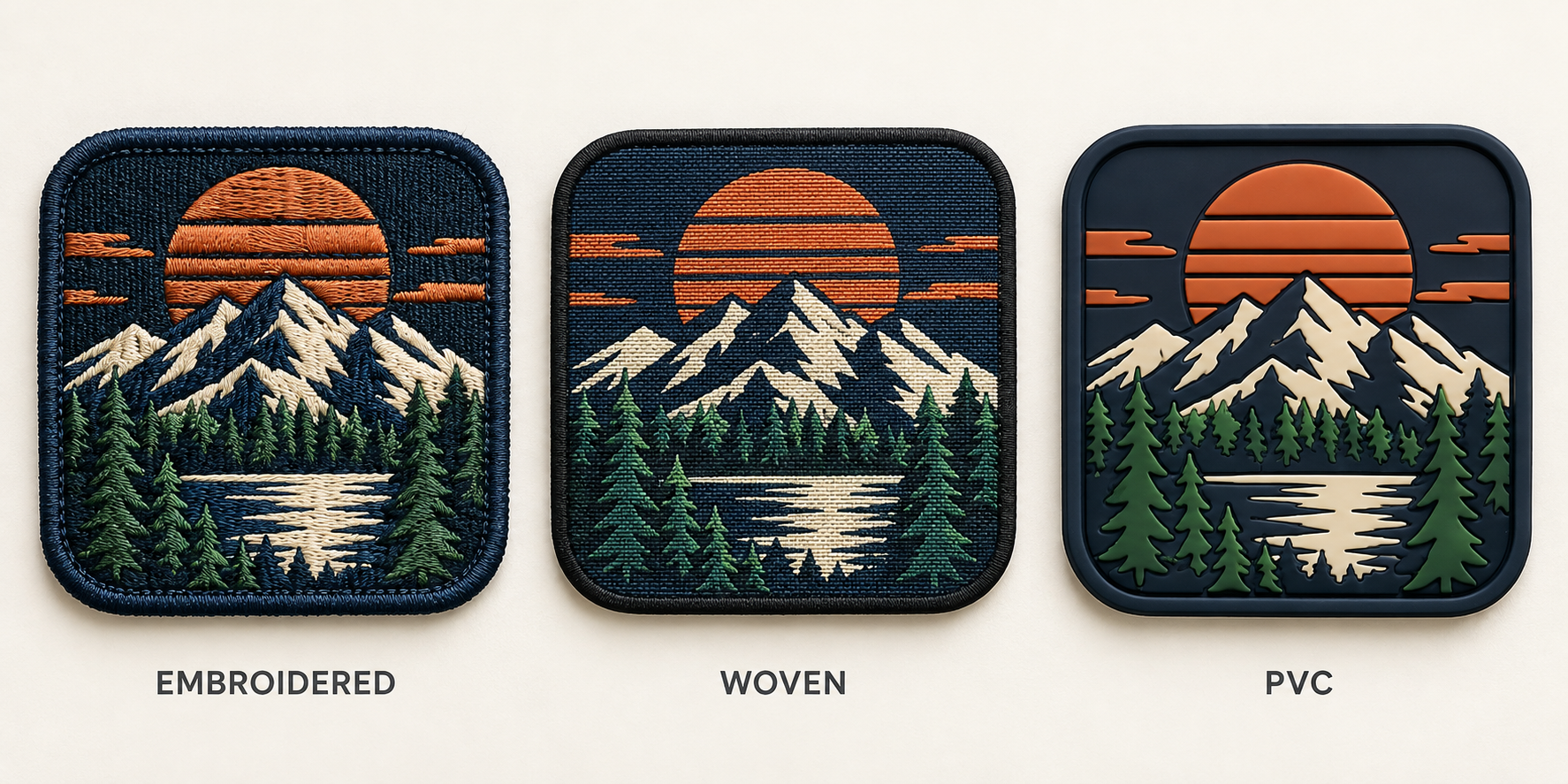 Side-by-side comparison of an embroidered patch, a woven patch, and a PVC patch