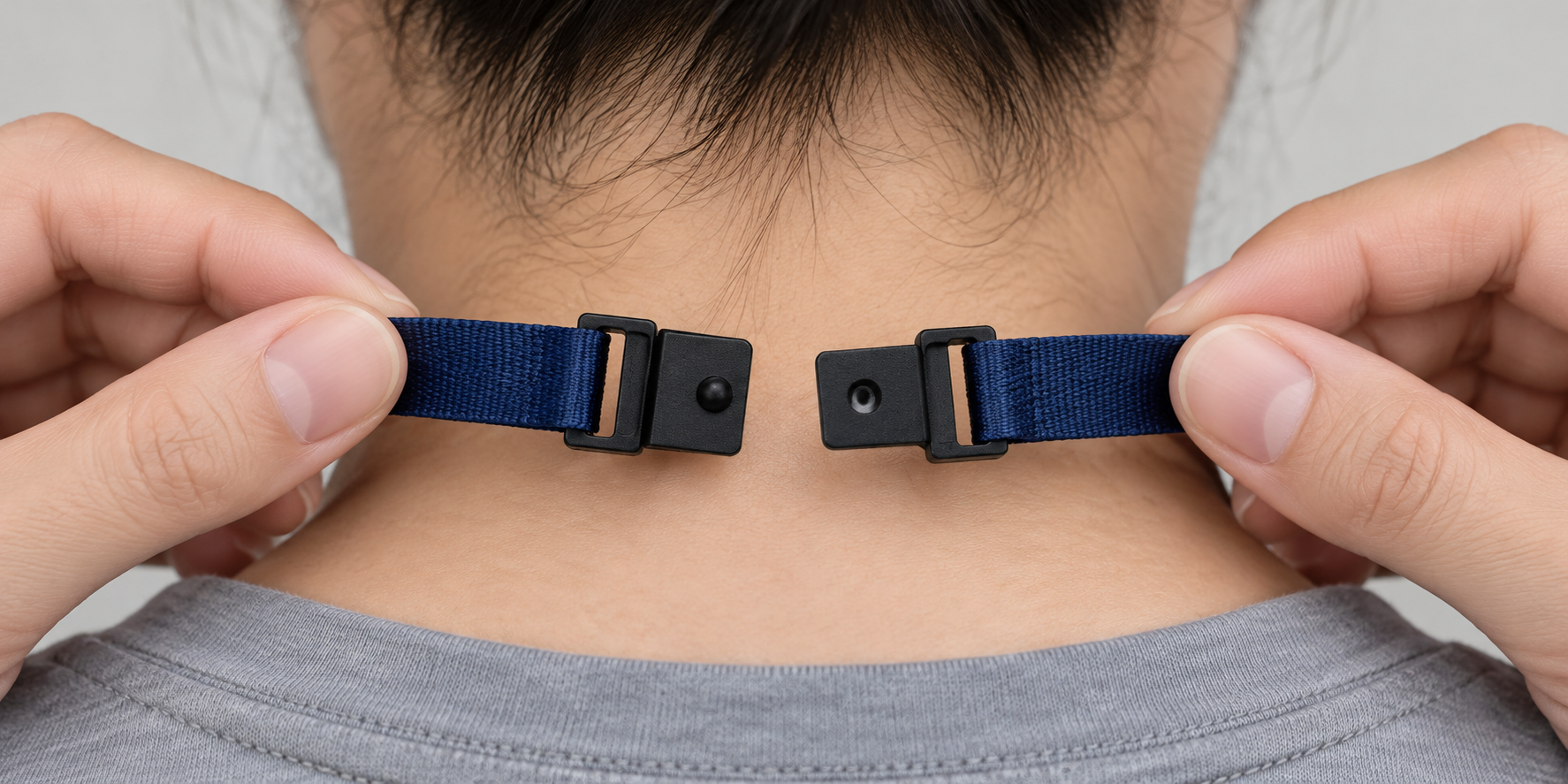 A lanyard with a breakaway safety clasp at the back of the neck being demonstrated